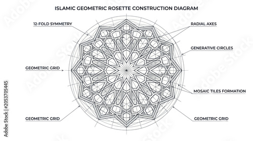 Fotografie Islamic geometric rosette construction diagram with technical labels