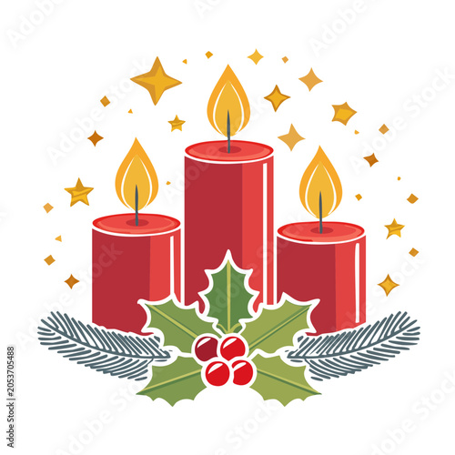 Three Red Candles with Holly and Stars Vector Illustration