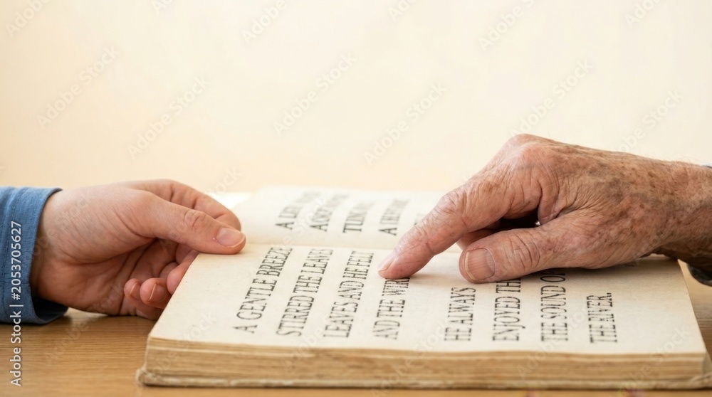 Obraz premium Close-up of an elderly senior citizen pointing a finger at a blank page of an old open book during a reading, learning, or cognitive rehabilitation therapy session.