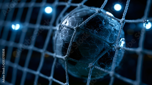 Soccer ball striking the goal net in frozen motion under dramatic blue stadium lights