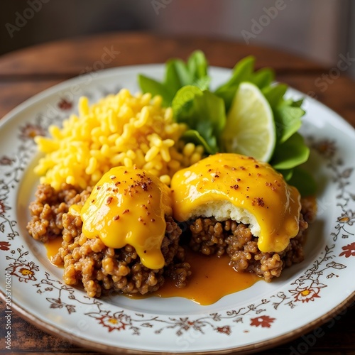 Traditional food from South Africa.  Bobotie with yellow rice. A curried minced meat dish topped with a golden egg custard.