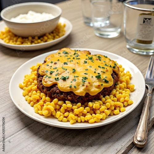 Traditional food from South Africa.  Bobotie with yellow rice. A curried minced meat dish topped with a golden egg custard.