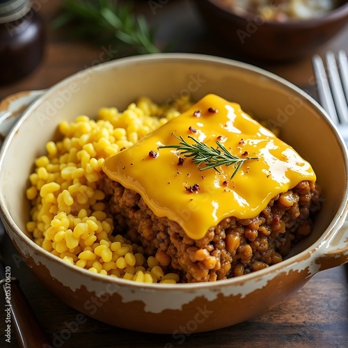 Traditional food from South Africa.  Bobotie with yellow rice. A curried minced meat dish topped with a golden egg custard.