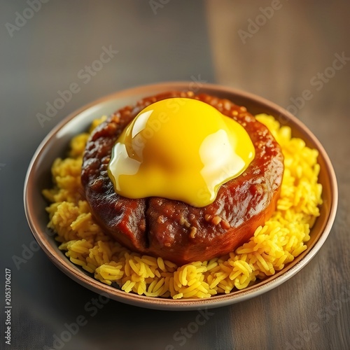 Traditional food from South Africa.  Bobotie with yellow rice. A curried minced meat dish topped with a golden egg custard.