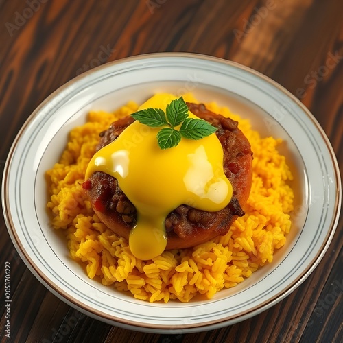 Traditional food from South Africa.  Bobotie with yellow rice. A curried minced meat dish topped with a golden egg custard.