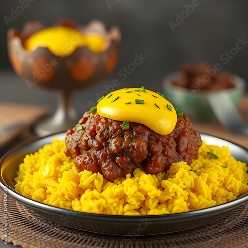 Traditional food from South Africa.  Bobotie with yellow rice. A curried minced meat dish topped with a golden egg custard.