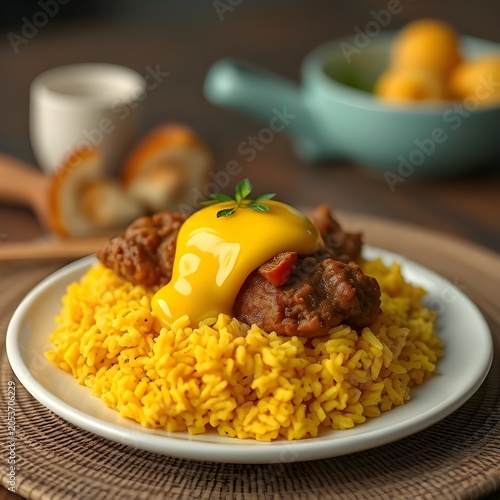 Traditional food from South Africa.  Bobotie with yellow rice. A curried minced meat dish topped with a golden egg custard.