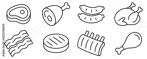 Konstfotografi Red meat and poultry set of flat icons including steak, ham, sausages, whole chicken, bacon, burger patty, ribs, and drumstick for food design, barbecue, menu, and butchery shop