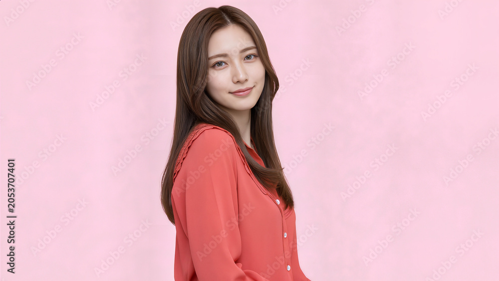 Fototapeta premium ベージュ背景で横向きに立つクリーム色ブラウスの黒髪女性