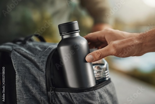 travel backpack. Person placing a clear water bottle into the side pocket of a gray backpack outdoors in a natural setting with blurred greenery in the background