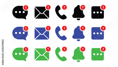 Set of notification icons for mobile applications featuring chat mail phone call alerts.