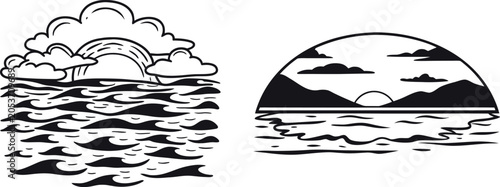 Ocean Sunset Vector Illustration Set – Sea Horizon Landscape Line Art Collection
