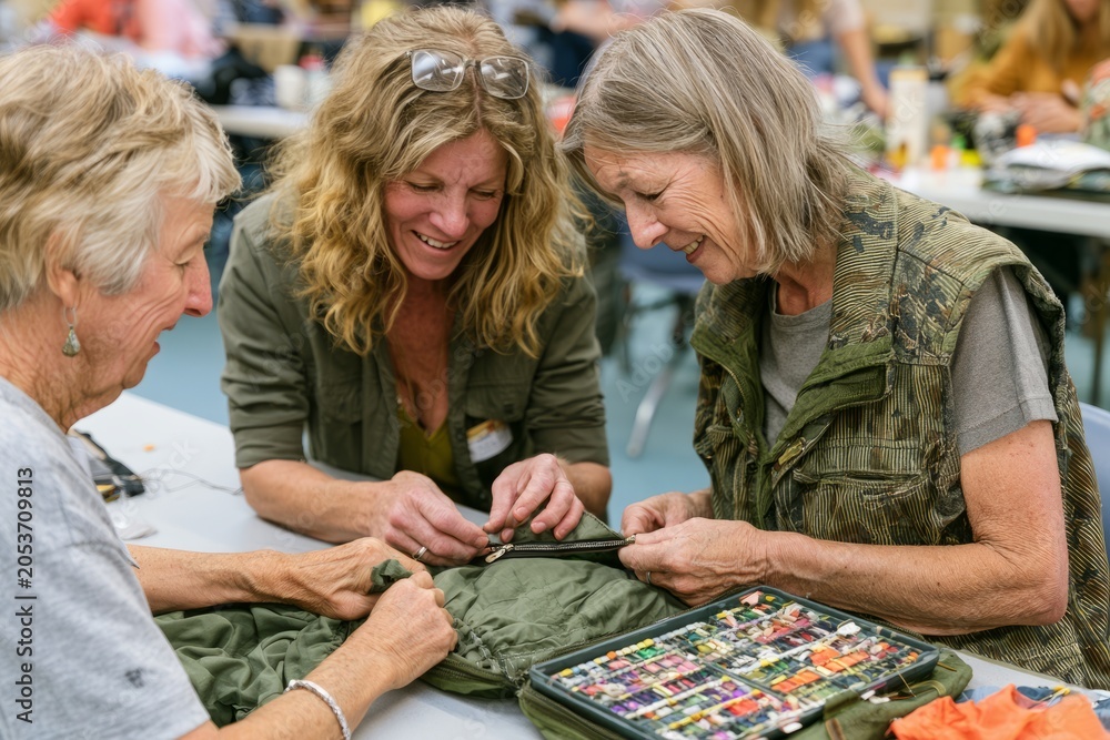 Fototapeta premium Repair Cafe Volunteer Teaching Neighbor to Mend Jacket Zipper at Shared Table