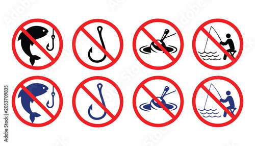 Картината върху платно No fishing sign collection featuring various prohibited angling activities and equipment