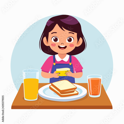 Girl Preparing Breakfast with Toast and Juice