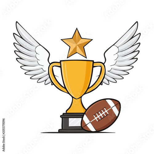 Golden trophy with wings and football, symbolizing victory