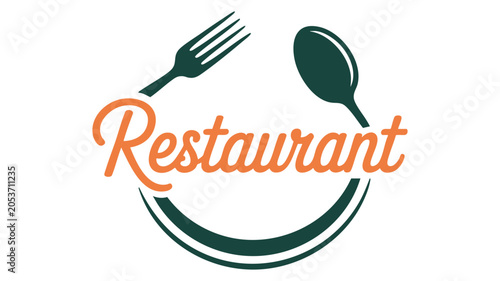 Fork and Spoon Icon with Orange “Restaurant” Wordmark for Food Service Branding and Menu Design Featuring Dining, Hospitality, Logo with Signage