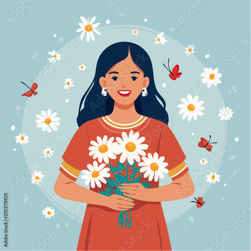Woman Holding Daisies with Butterflies and Flowers