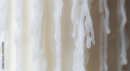 White melted wax drips create an abstract, textured background, flowing down a surface.