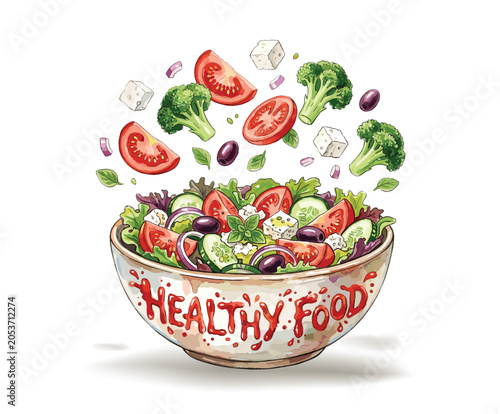 healthy greek salad in a white bowl contains fresh cucumbers, tomatoes, red onions, black olives, and cubes of white feta cheese with herbs.