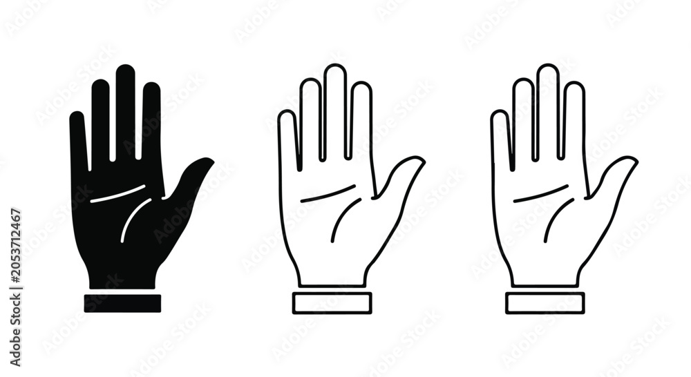 Fototapeta premium Set of three minimalist hand illustrations in black, white, and outline style representing different gestures or signals