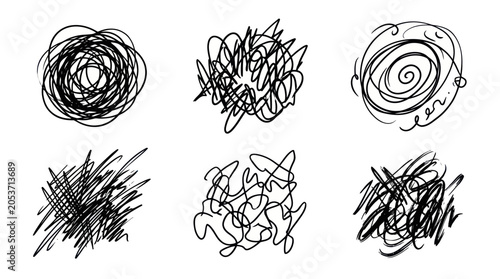 Foto Set of six chaotic black ink scribbles and tangled doodles