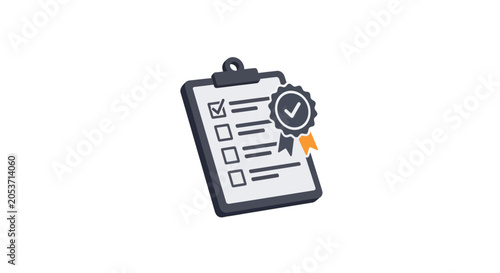 Картината върху платно A clipboard with a checklist and a quality assurance seal icon on a white backgr