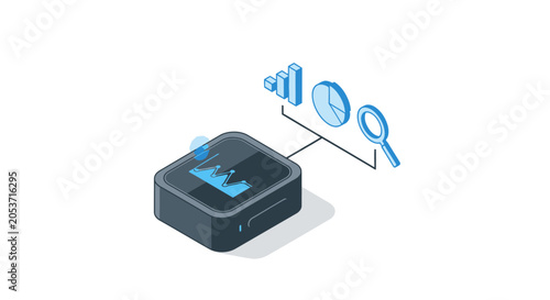 A digital wearable device displays data analytics with floating icons on a white background