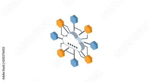A digital cloud computing icon with connected data nodes in an isometric view