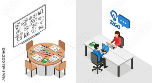An isometric view of a modern office workspace with people working on projects