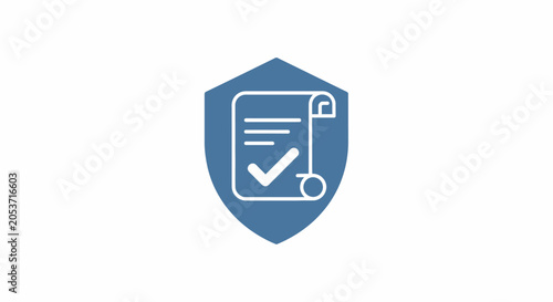 A blue shield icon featuring a document with a check mark symbol