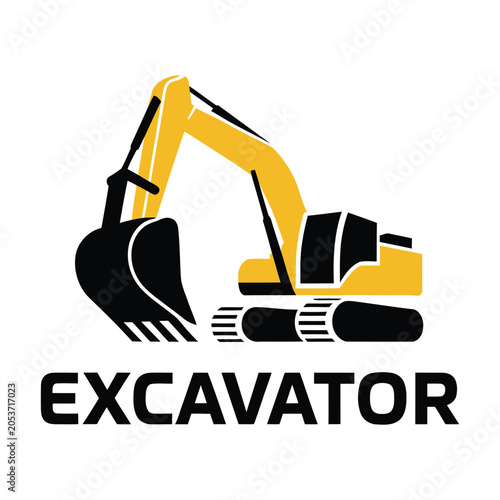 Excavator Heavy Machinery Icon with Bucket, Arm and Hydraulic Cylinders in Yellow and Black Eps Style