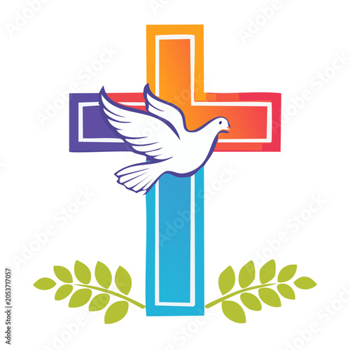 Christian cross with dove and olive branches