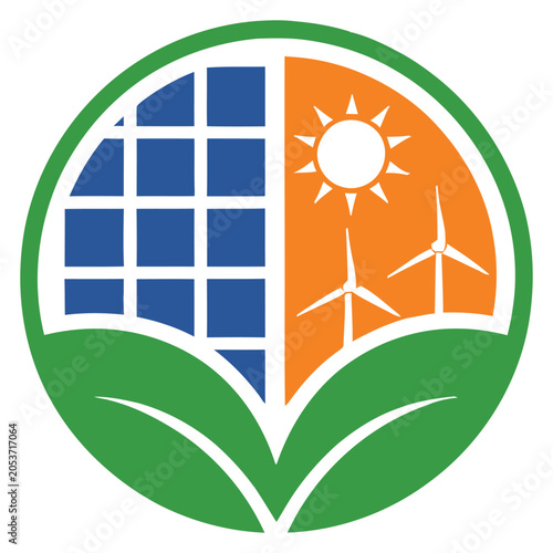 Energized Eco Energy Logo with Green Leaves, Window Grid, and Solar Panel Icon Inside a Circular Badge