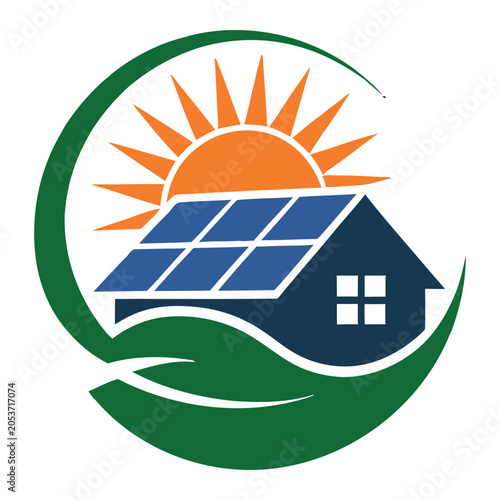 Solar Panel on House with Sun and Green Background Logo Featuring Energy, Renewable, Eco-Friendly with Sustainable and Environment Elements for Clean