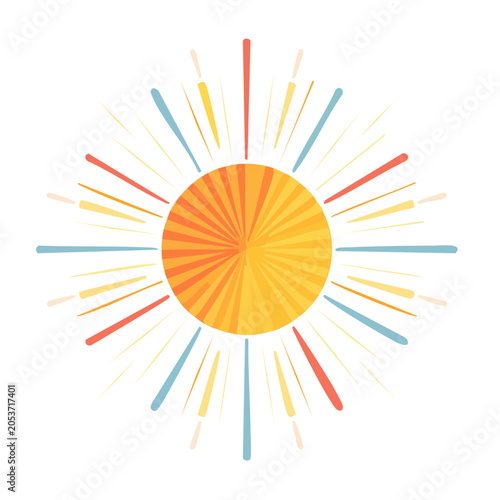 Stylized sun with colorful rays on white background