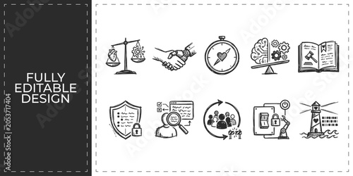 Billede på lærred Legal compliance and business ethics hand drawn doodle icons set featuring scale