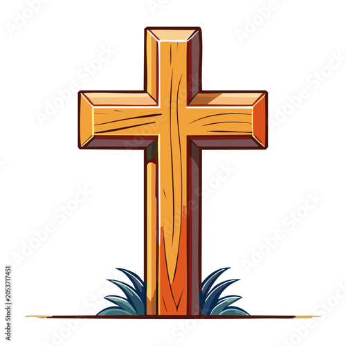 Stylized Wooden Christian Cross with Grass