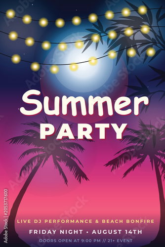 Summer party poster template with full moon palm trees silhouette and glowing string lights at tropical night beach