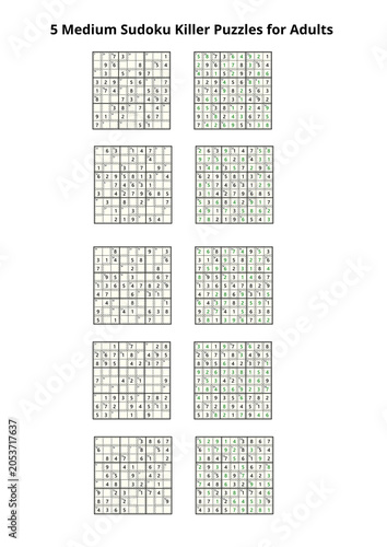 5 Medium Sudoku Killer Puzzles for Adults on Printable Logic Game  