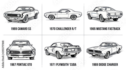 Classic american muscle cars in detailed line art
