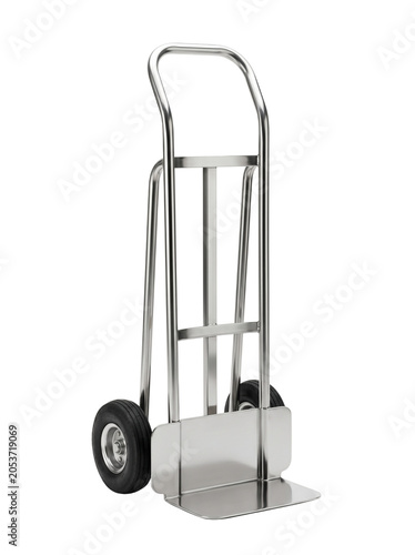 Wheelbarrow Metal Cart on White Background, Modern Stainless-Steel Look, Single Front Wheel, Minimal Studio Product Shot