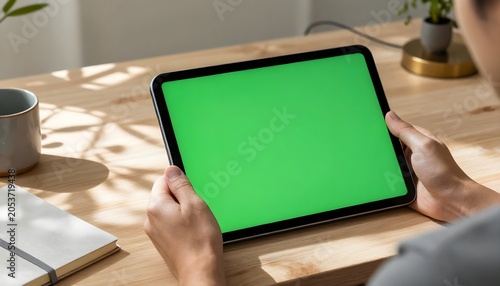 Over the shoulder view of a person holding a tablet with a blank chroma key green screen mockup on a wooden desk.