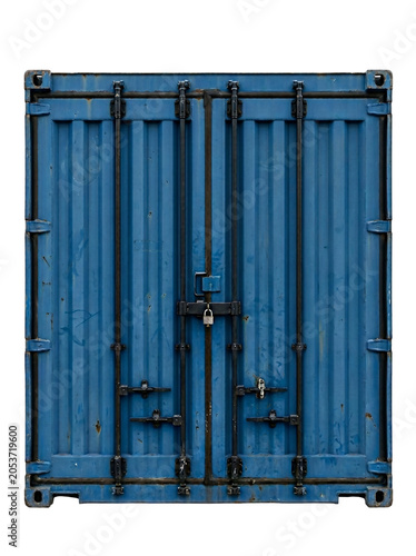 Shipping Container Door with Blue Corrugated Steel Panels, Black Metal Hinges and Latch Hardware, Isolated on White Background