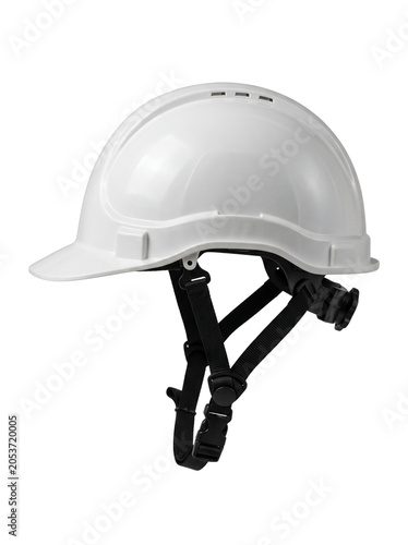 Hard Hat in Pristine White Color with Ventilation Slots and a Secure Adjustable Chin Strap, Isolated Against a Bright White Background.
