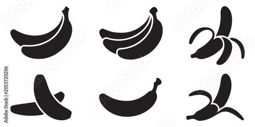 Set of six banana icons, vector illustration of various banana shapes and forms isolated on white background.