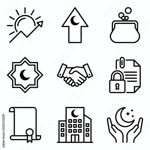 Minimalist Islamic outline icons for digital platforms and lifestyle applications.
