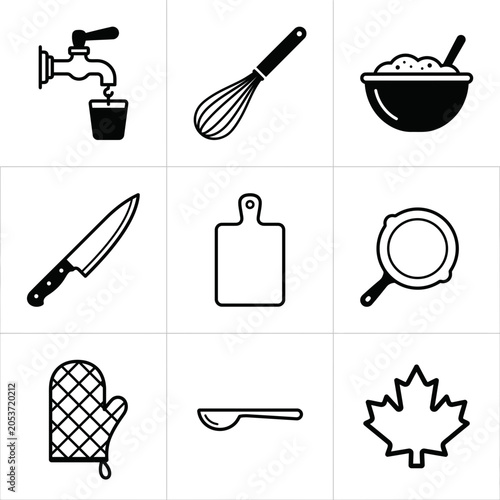 Minimalist kitchenware and cooking tool line icon set for culinary themes.