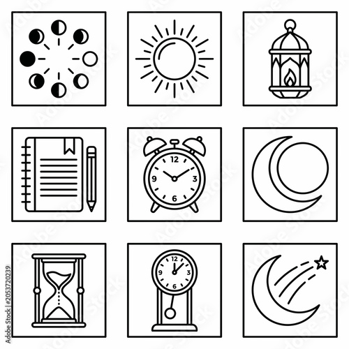 Minimalist linear icons of timekeeping instruments and celestial bodies.