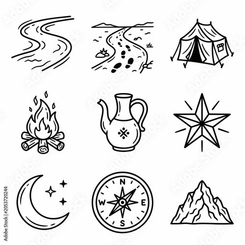 Minimalist line art adventure icons featuring mountains, compass, tent, and campfire.